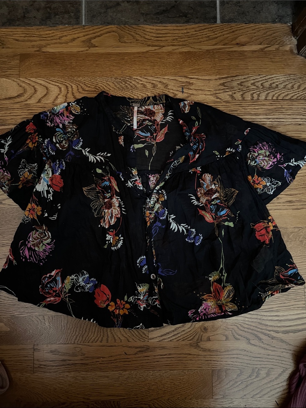 Free People Black Floral Button-Front Blouse with Multicolor Print semi-sheer